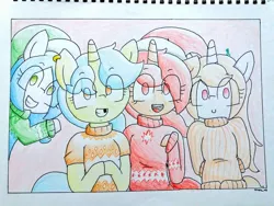 Size: 1024x768 | Tagged: safe, artist:cherro, derpibooru import, oc, oc:cherry blossom, oc:mal, oc:poppy seed, oc:viewing pleasure, unofficial characters only, unicorn, christmas, clothes, holiday, image, jpeg, sweater, traditional art