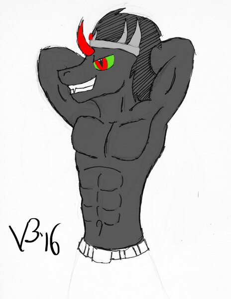 Size: 1583x2048 | Tagged: safe, artist:vitaminbob, derpibooru import, king sombra, anthro, unicorn, abs, arm behind head, armpits, bust, image, jpeg, male, muscles, smiling, smirk, solo, traditional art