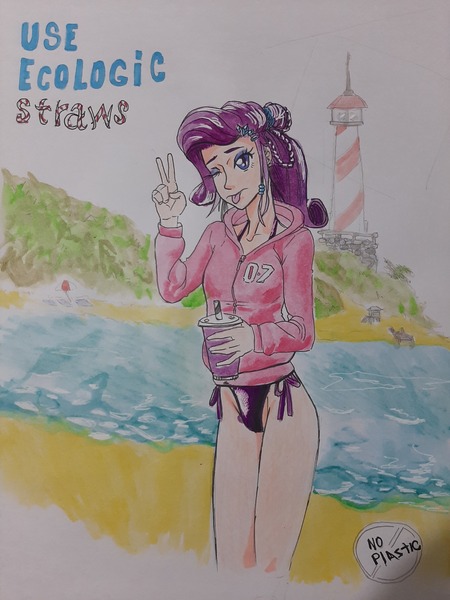 Size: 3000x4000 | Tagged: safe, artist:u_to.01, derpibooru import, rarity, human, equestria girls, beach, complex background, image, jpeg, lighthouse, pier, solo, tongue out, traditional art