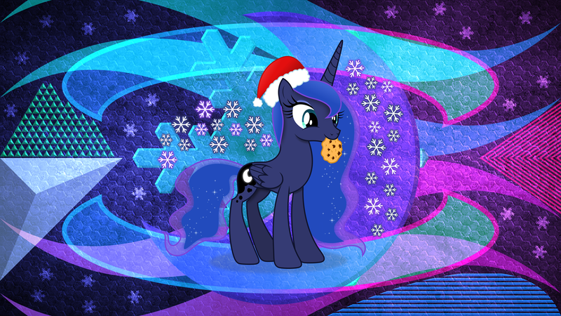 Size: 3840x2160 | Tagged: safe, artist:anime-equestria, artist:laszlvfx, derpibooru import, edit, princess luna, alicorn, pony, christmas, cookie, cute, female, food, hat, high res, holiday, image, lunabetes, mare, nom, png, santa hat, solo, wallpaper, wallpaper edit