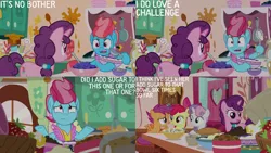 Size: 1280x720 | Tagged: safe, derpibooru import, edit, edited screencap, editor:quoterific, screencap, apple bloom, cup cake, scootaloo, sugar belle, sweetie belle, earth pony, pegasus, pony, unicorn, season 9, the big mac question, spoiler:s09, apple bloom's bow, bow, cutie mark crusaders, female, filly, foal, hair bow, image, jpeg, mare, open mouth, sugarcube corner