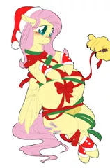 Size: 2894x4393 | Tagged: questionable, artist:snspony, derpibooru import, fluttershy, draconequus, pegasus, pony, christmas, crotchboobs, female, female focus, hand, hat, holiday, image, implied discord, implied discoshy, implied shipping, implied straight, male, nipples, nudity, offscreen character, png, preggoshy, pregnant, ribbon, santa hat, simple background, solo focus, teats, white background