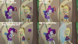 Size: 1280x720 | Tagged: safe, derpibooru import, edit, edited screencap, editor:quoterific, screencap, applejack, rarity, equestria girls, legend of everfree, applejack's hat, bracelet, camp everfree outfits, cowboy hat, duo, duo female, female, hat, helmet, image, jewelry, open mouth, open smile, png, smiling