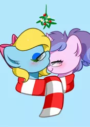 Size: 1388x1976 | Tagged: safe, artist:kittyrosie, derpibooru import, oc, pony, blushing, clothes, eyes closed, holly, image, jpeg, kiss on the head, kissing, oc x oc, scarf, shared clothing, shared scarf, shipping, simple background, striped scarf