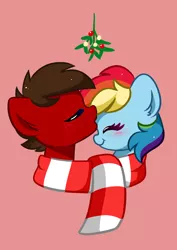 Size: 1416x2000 | Tagged: safe, artist:kittyrosie, derpibooru import, rainbow dash, oc, pony, blushing, canon x oc, clothes, eyes closed, holly, image, jpeg, kiss on the head, kissing, oc x oc, scarf, shared clothing, shared scarf, shipping, simple background, striped scarf