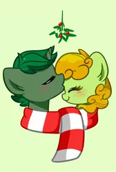 Size: 1350x2006 | Tagged: safe, artist:kittyrosie, derpibooru import, oc, pony, blushing, clothes, eyes closed, holly, image, jpeg, kiss on the head, kissing, oc x oc, scarf, shared clothing, shared scarf, shipping, simple background, striped scarf