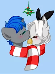 Size: 1398x1898 | Tagged: safe, artist:kittyrosie, derpibooru import, oc, gryphon, pony, unicorn, blushing, clothes, eyes closed, griffon oc, holly, image, jpeg, kiss on the head, kissing, oc x oc, scarf, shared clothing, shared scarf, shipping, simple background, striped scarf