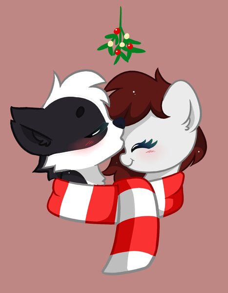 Size: 1508x1936 | Tagged: safe, artist:kittyrosie, derpibooru import, oc, pony, blushing, clothes, eyes closed, furry, furry oc, holly, image, jpeg, kiss on the head, kissing, oc x oc, scarf, shared clothing, shared scarf, shipping, simple background, striped scarf