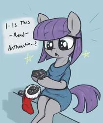 Size: 2270x2700 | Tagged: safe, artist:t72b, derpibooru import, maud pie, earth pony, pony, christmas, christmas stocking, clothes, coal, dress, holiday, hoof hold, image, png, rock, sitting, smiling, solo, that pony sure does love rocks, when she smiles, wide eyes