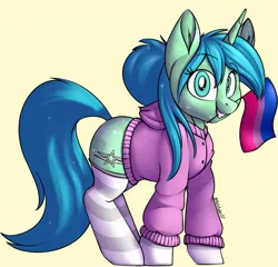 Size: 1053x1010 | Tagged: safe, derpibooru import, oc, oc:thin mint, crystal pony, pony, unicorn, bisexual pride flag, clothes, flag, hoodie, image, jpeg, pride, pride flag, socks, solo