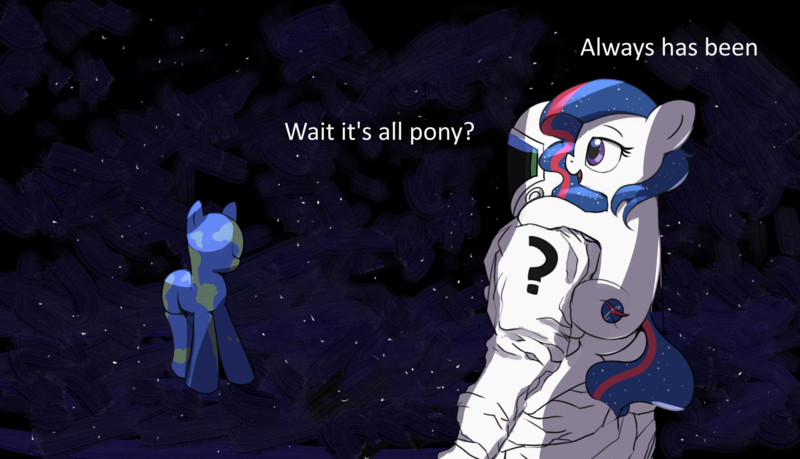 Size: 2500x1435 | Tagged: safe, artist:vultraz, derpibooru import, oc, oc:anon, oc:nasapone, ponified, unofficial characters only, earth pony, human, pony, always has been, batman can breathe in space, cute, dialogue, duo, earth, female, image, mare, png, space, spacesuit, wait it's all ohio