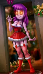 Size: 3581x6062 | Tagged: suggestive, artist:14-bis, derpibooru import, cheerilee, equestria girls, absurd resolution, breasts, christmas, christmas tree, cleavage, female, holiday, hypnosis, hypnotized, image, jpeg, solo, solo female, story in the source, swirly eyes, tree, wreath