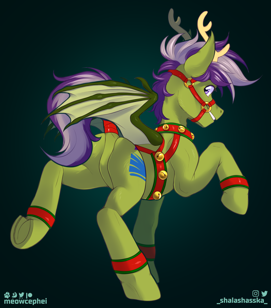 Size: 1405x1600 | Tagged: safe, alternate version, artist:meowcephei, derpibooru import, oc, oc:grey seeking dusk, bat pony, animal costume, bat pony oc, bat wings, butt, christmas, clothes, costume, holiday, image, plot, png, reindeer costume, solo, wings