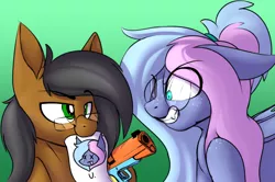Size: 760x506 | Tagged: safe, artist:notetaker, derpibooru import, oc, oc:notetaker, oc:sleepystar, bat pony, earth pony, pony, angry, freckles, glasses, image, male, paper, png, this will not end well, toy gun