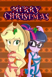 Size: 980x1440 | Tagged: suggestive, artist:dashdeviant, derpibooru import, applejack, sci-twi, twilight sparkle, equestria girls, breasts, cleavage, duo, duo female, female, females only, gift wrapped, holly, holly mistaken for mistletoe, image, jpeg, looking at you, ribbon, smiling, smiling at you