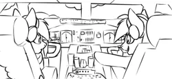 Size: 499x229 | Tagged: safe, artist:notetaker, derpibooru import, oc, oc:chance, oc:notetaker, unofficial characters only, earth pony, pegasus, pony, boeing 747, cockpit, control panel, couple, headset, image, interior, png, seat