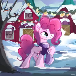 Size: 1600x1601 | Tagged: safe, artist:megalura, derpibooru import, pinkie pie, bird, earth pony, pony, barn, clothes, female, image, mare, png, scarf, snow, solo, winter
