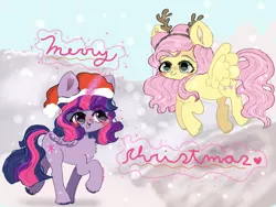 Size: 2048x1536 | Tagged: safe, artist:roseyjin, derpibooru import, fluttershy, twilight sparkle, twilight sparkle (alicorn), alicorn, pegasus, pony, antlers, christmas, cute, duo, female, hat, holiday, image, mare, merry christmas, png, reindeer antlers, santa hat, shyabetes, snow, snowfall, twiabetes