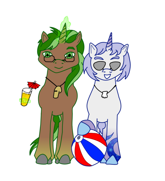 Size: 1330x1456 | Tagged: safe, artist:assertiveshypony, derpibooru import, oc, oc:green scroll, oc:snowmoon, pony, unicorn, derpibooru community collaboration, 2022 community collab, beach ball, derpibooru exclusive, glasses, image, juice, looking at you, magic, png, shell, simple background, sunglasses, transparent background, whistle, whistle necklace