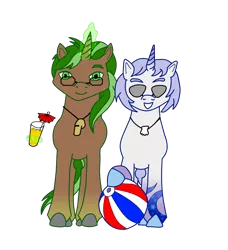Size: 1330x1456 | Tagged: safe, artist:assertiveshypony, derpibooru import, oc, oc:green scroll, oc:snowmoon, pony, unicorn, derpibooru community collaboration, 2022 community collab, beach ball, derpibooru exclusive, glasses, image, juice, looking at you, magic, png, shell, simple background, sunglasses, transparent background, whistle, whistle necklace