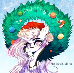 Size: 2548x2500 | Tagged: safe, artist:krissstudios, derpibooru import, oc, pony, unicorn, candy, candy cane, christmas, christmas wreath, female, food, hat, holiday, image, mare, png, santa hat, solo, wreath