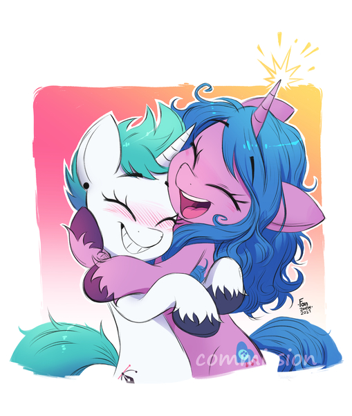 Size: 2480x2924 | Tagged: safe, artist:fanzeem, derpibooru import, izzy moonbow, oc, pony, unicorn, canon x oc, commission, cute, duo, eyes closed, female, g5, hug, image, izzybetes, jpeg, mare, smiling