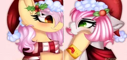 Size: 4848x2308 | Tagged: safe, artist:2pandita, derpibooru import, oc, oc:pandita, oc:tender mist, unofficial characters only, pony, christmas, clothes, female, hat, holiday, image, mare, png, santa hat, scarf