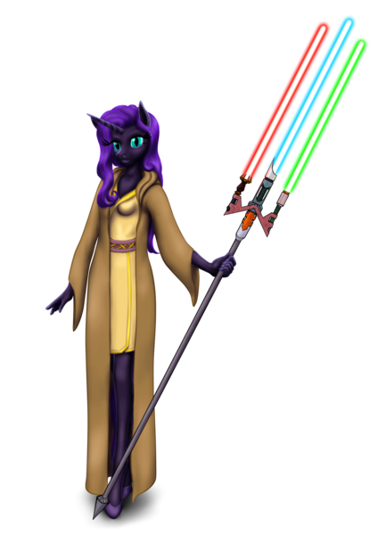 Size: 1591x2203 | Tagged: safe, artist:vasillium, derpibooru import, nightmare moon, oc, oc:nyx, unofficial characters only, alicorn, anthro, alicorn oc, clothes, crossover, dress, female, horn, image, jedi, lightsaber, mare, png, princess, robe, royalty, simple background, solo, star wars, transparent background, weapon, wings