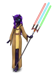Size: 1591x2203 | Tagged: safe, artist:vasillium, derpibooru import, nightmare moon, oc, oc:nyx, unofficial characters only, alicorn, anthro, alicorn oc, clothes, crossover, dress, female, horn, image, jedi, lightsaber, mare, png, princess, robe, royalty, simple background, solo, star wars, transparent background, weapon, wings