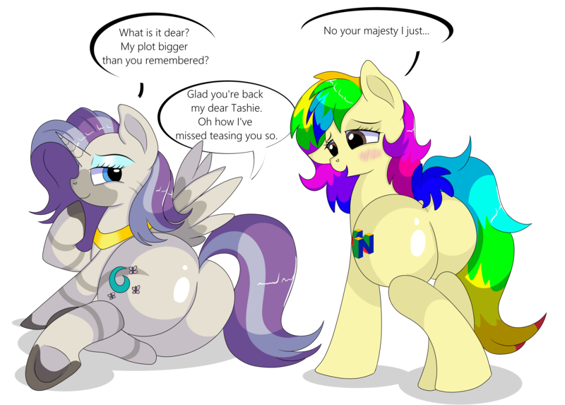 Size: 9500x6800 | Tagged: safe, artist:rainbowtashie, author:bigonionbean, derpibooru import, fluttershy, rarity, starlight glimmer, zecora, oc, oc:princess mythic majestic, oc:rainbow tashie, alicorn, earth pony, hybrid, pony, zebra, alicorn oc, alicorn princess, blushing, butt, commissioner:bigonionbean, cutie mark, dialogue, dummy thicc, earth pony oc, extra thicc, eyeshadow, female, flank, fusion, fusion:princess mythic majestic, horn, image, jewelry, lying down, makeup, mare, nintendo, nintendo 64, plot, png, simple background, transparent background, wings