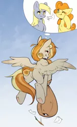 Size: 2084x3428 | Tagged: safe, artist:pledus, author:bigonionbean, derpibooru import, carrot top, derpy hooves, golden harvest, oc, oc:clumsy carrot, unofficial characters only, earth pony, pegasus, pony, blushing, butt, carrot, commission, commissioner:bigonionbean, dialogue, female, flying, food, fusion, fusion:clumsy carrot, happy, image, letter, mailbag, mailmare, mare, one eye closed, plot, png, sack, smiling, solo, spread wings, thought bubble, underhoof, wings, wink