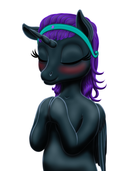 Size: 720x949 | Tagged: safe, artist:vasillium, derpibooru import, nightmare moon, oc, oc:nyx, unofficial characters only, alicorn, pony, accessories, alicorn oc, blushing, clothes, eyelashes, eyes closed, female, filly, foal, headband, horn, image, png, praying, princess, royalty, simple background, solo, transparent background, wings