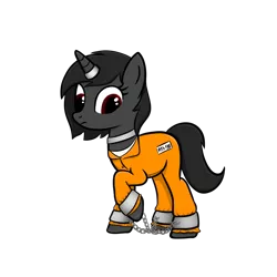 Size: 1024x1024 | Tagged: safe, artist:sundust, derpibooru import, oc, oc:richard98, unofficial characters only, pony, unicorn, bondage, chains, clothes, collar, cuffs, horn, horn ring, image, jail, jewelry, male, png, prison, prison outfit, raised hoof, ring, shackles, simple background, solo, stallion, transparent background