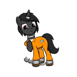 Size: 1024x1024 | Tagged: safe, artist:sundust, derpibooru import, oc, oc:richard98, unofficial characters only, pony, unicorn, bondage, chains, clothes, collar, cuffs, horn, horn ring, image, injured, jail, jewelry, male, png, prison, prison outfit, raised hoof, ring, shackles, simple background, solo, stallion, transparent background