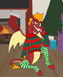 Size: 4332x5264 | Tagged: suggestive, artist:aaron amethyst, derpibooru import, garble, dragon, christmas, christmas stocking, clothes, fire, fireplace, holiday, image, looking at you, male, misletoe, png, present, sock fetish, socks, solo, tree, wings