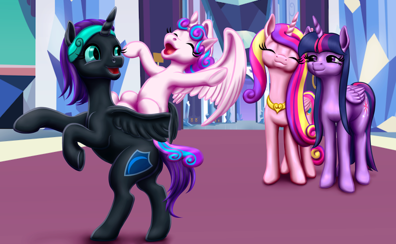 Size: 2575x1591 | Tagged: safe, artist:vasillium, derpibooru import, nightmare moon, princess cadance, princess flurry heart, twilight sparkle, twilight sparkle (alicorn), oc, oc:nyx, unofficial characters only, alicorn, pony, alicorn oc, aunt, aunt and niece, cousins, crystal castle, curtains, cutie mark, daughter, day, door, doorway, eyebrows, eyelashes, eyes closed, family, female, filly, foal, hallway, happy, headband, heart, horn, image, indoors, jewelry, mare, moon, mother, mother and child, mother and daughter, niece, open door, open mouth, parent and child, parent and foal, png, princess, regalia, rug, shield, sisters-in-law, sky, spread wings, standing, stars, wall of tags, window, wings