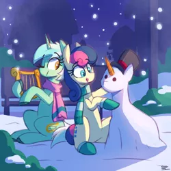 Size: 2000x2000 | Tagged: safe, artist:scribbling-potato, derpibooru import, bon bon, lyra heartstrings, sweetie drops, earth pony, pony, unicorn, building, carrot, clothes, duo, duo female, female, food, hat, high res, image, jpeg, lyre, mare, musical instrument, one eye closed, scarf, snow, snowpony, top hat