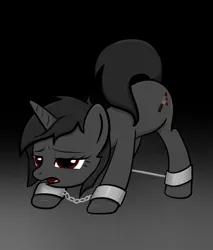 Size: 1024x1200 | Tagged: suggestive, artist:sundust, derpibooru import, oc, oc:richard98, unofficial characters only, pony, unicorn, bend over, bondage, chains, cuffs, cutie mark, dark background, horn, image, male, mane, open mouth, png, raised tail, shackles, simple background, solo, solo male, stallion, tail, unicorn oc