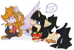 Size: 2843x1944 | Tagged: safe, artist:tizhonolulu, derpibooru import, oc, oc:cookie byte, oc:tiz honolulu, pegasus, pony, unicorn, chocolate, clothes, dialogue, duo, female, food, headband, hot chocolate, image, mare, mug, oc x oc, png, ponytail, prenning, scarf, shipping, socks, striped scarf, striped socks