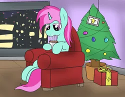 Size: 1800x1400 | Tagged: safe, artist:amateur-draw, derpibooru import, oc, oc:belle boue, pony, unicorn, chair, chocolate, christmas, christmas lights, christmas tree, city, food, holiday, hot chocolate, image, male, png, present, sitting, solo, stallion, tree