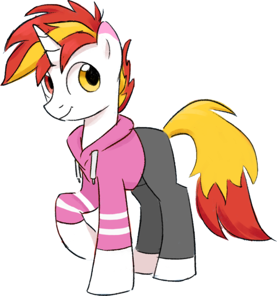 Size: 1354x1447 | Tagged: safe, artist:aanotherpony, derpibooru import, oc, oc:shyfire, unofficial characters only, pony, unicorn, derpibooru community collaboration, 2022 community collab, clothes, heterochromia, hoodie, horn, image, male, pants, png, raised hoof, simple background, solo, stallion, tail, transparent background, two toned mane, two toned tail, unicorn oc