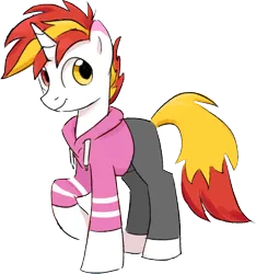 Size: 1354x1447 | Tagged: safe, artist:aanotherpony, derpibooru import, oc, oc:shyfire, unofficial characters only, pony, unicorn, derpibooru community collaboration, 2022 community collab, clothes, heterochromia, hoodie, horn, image, male, pants, png, raised hoof, simple background, solo, stallion, tail, transparent background, two toned mane, two toned tail, unicorn oc