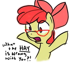 Size: 698x640 | Tagged: safe, artist:grilledcat, derpibooru import, apple bloom, earth pony, pony, female, filly, foal, glasses, image, png, simple background, solo, text, transparent background