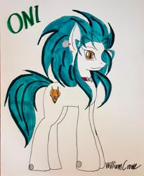 Size: 2448x2987 | Tagged: safe, artist:crowe1978, derpibooru import, ponified, earth pony, pony, ear piercing, female, image, jpeg, mare, piercing, ryoko, signature, simple background, smiling, solo, tenchi muyo, traditional art