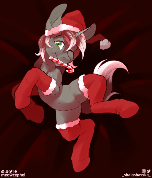 Size: 1536x1800 | Tagged: safe, alternate version, artist:meowcephei, derpibooru import, oc, oc:silver prose, pony, candy, candy cane, christmas, christmas stocking, clothes, food, holiday, image, png, socks, stockings, thigh highs