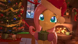 Size: 3840x2160 | Tagged: safe, artist:sylthena, derpibooru import, fluttershy, pegasus, pony, 3d, 4k, candy, candy cane, candy canes, carpet, christmas, christmas lights, christmas stocking, christmas tree, christmas wreath, cozy, fireplace, food, furnace, gift wrap, glow, glowing eyes, hat, holiday, image, looking at you, offscreen character, ornament, ornaments, png, pov, present, rug, santa hat, snow, source filmmaker, tree, wreath