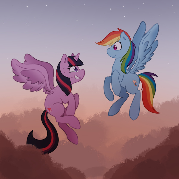 Size: 2000x2000 | Tagged: safe, artist:voxaro, derpibooru import, rainbow dash, twilight sparkle, twilight sparkle (alicorn), alicorn, pegasus, pony, cloud, duo, female, first flight, flying, image, jpeg, looking at each other, looking at someone, mare, nervous, sheepish grin, sky, smiling, sweat