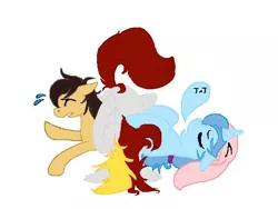 Size: 640x480 | Tagged: safe, artist:euphorictheory, derpibooru import, oc, oc:wolfbane, unnamed oc, unofficial characters only, earth pony, pegasus, pony, unicorn, dogpile, female, floppy ears, hairband, hat, horn, image, jpeg, male, mare, pinned, simple background, stallion, white background, wings
