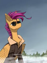 Size: 3000x4000 | Tagged: safe, artist:ajax, artist:ajaxorsomething, artist:willdrawhere, derpibooru import, scootaloo, pegasus, pony, bomber jacket, clothes, epic, foggy, image, jacket, jpeg, solo, sunglasses