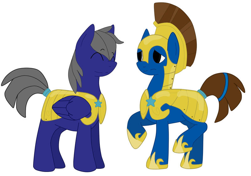 Size: 2864x2016 | Tagged: safe, artist:euphorictheory, derpibooru import, oc, oc:fireblitz, oc:flareblitz, unofficial characters only, pegasus, pony, armor, duo, hairband, helmet, image, jpeg, male, royal guard, royal guard armor, simple background, stallion, white background